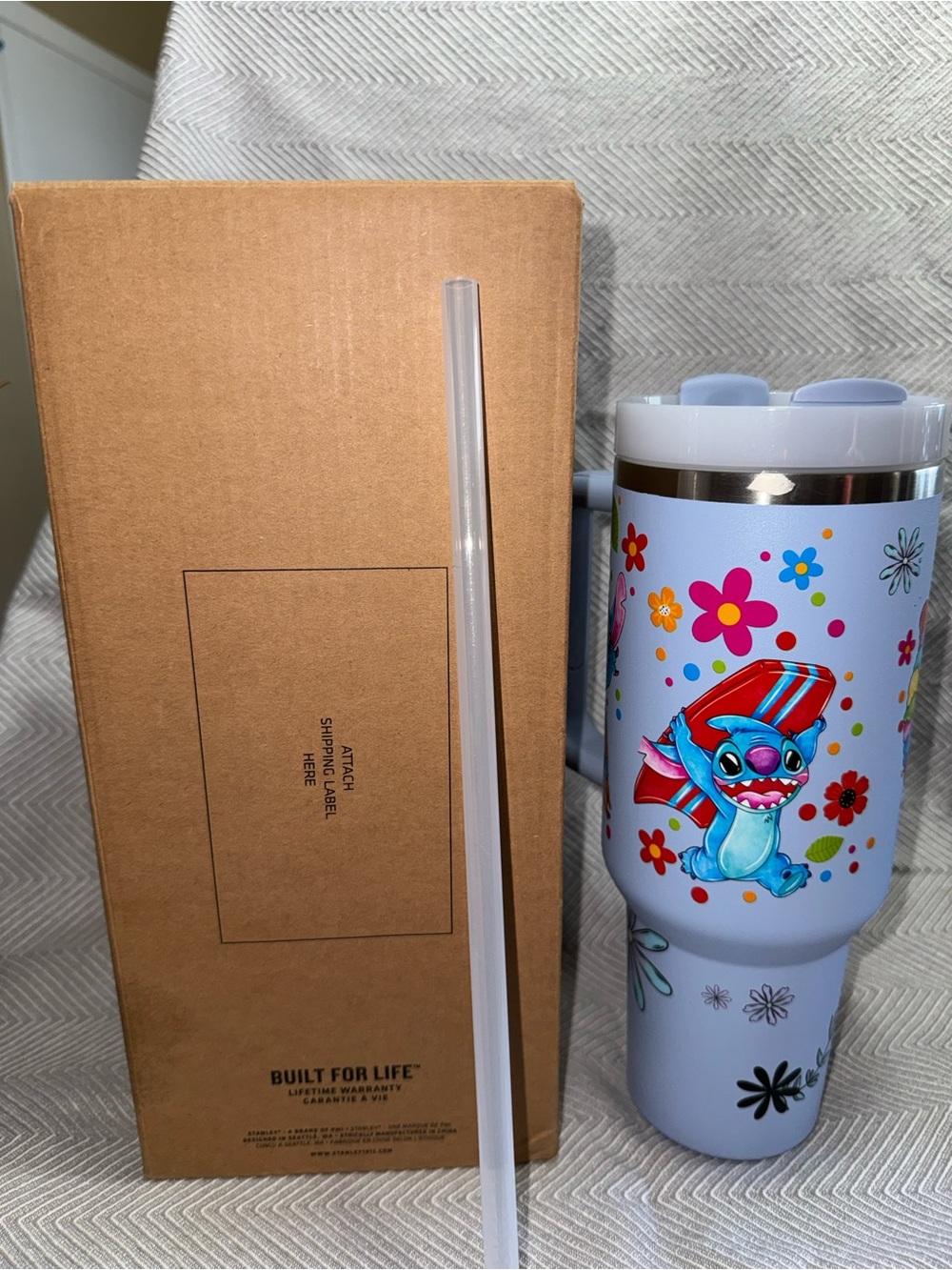 Stanley Light Blue Floral Stitch Stainless Steel Travel Tumbler with Straw